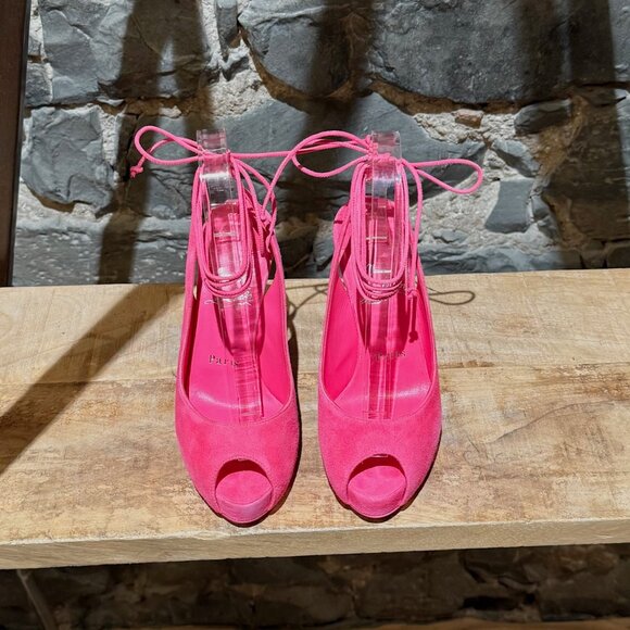 Christian Louboutin Hot Pink Suede Lace Up NVP 120 Peep Toe Pumps - Picture 4 of 12